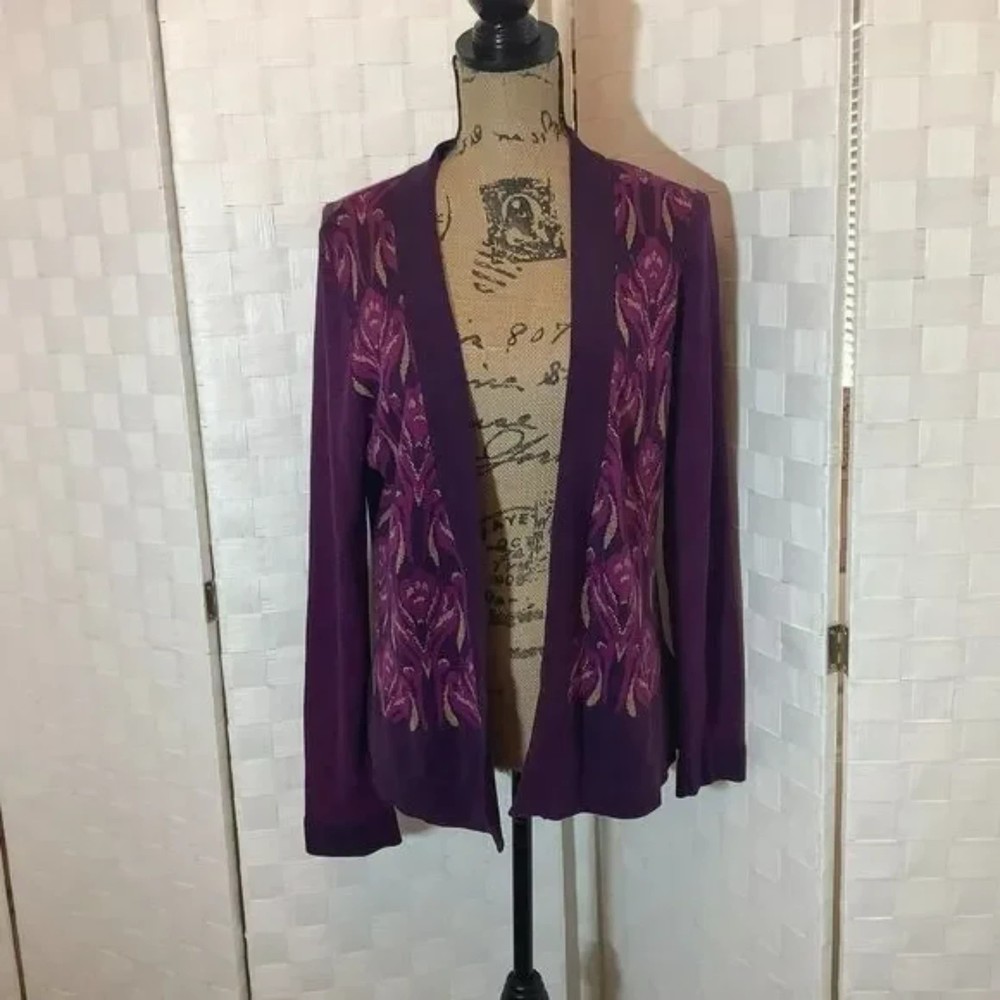coldwater creek purple floral silk blend cardigan size medium